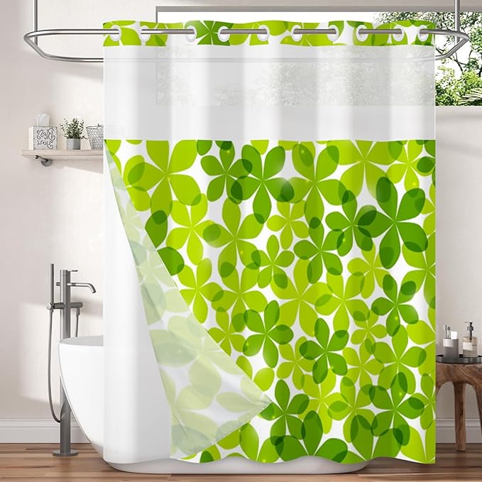 Green Flower Shower Curtain No Hooks with Snap-in Fabric Liner Set,Spring Leaves Shower Curtain for Bathroom,Hotel Decor Waterproof Shower Curtains,with See Through Top Window,71W x 74H