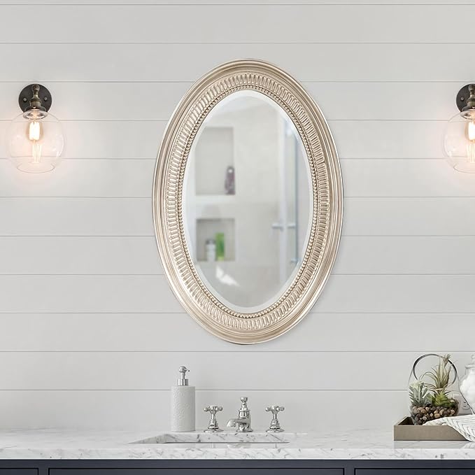Howard Elliott Ethan Brushed Nickel Oval Decorative Wall Hanging Mirror, Vintage Oval Mirror for Wall Decor Resin Frame Vanity Mirror Perfect for Living Room, Bedroom & Home Decor, 21 x 31 Inch