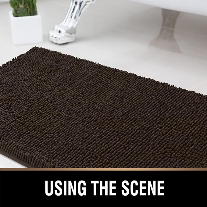 MAYSHINE Plush Shaggy Chenille Bath Mat | Extra Soft, Super Absorbent, Non-Slip Bathroom Rug | Fluffy Microfiber, Area Rug Sets for Bathroom Floor, Kitchen, Living Room | 39"x24" | Brown