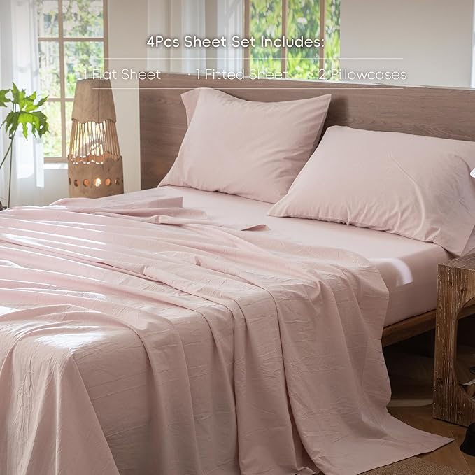 MooMee Bedding Sheet Set 100% Washed Cotton Linen Like Textured Breathable Durable Soft Comfy (Heathered Greyish Pink, King)