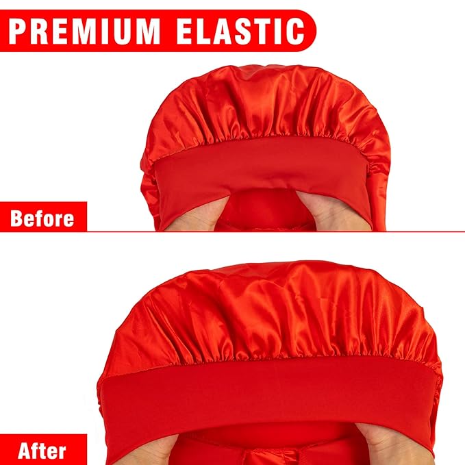 2Pcs Bonnets for Black Women Braid Bonnet, Large Long Satin Bonnet for Braids, Silk Bonnet with Stretchy Tie Band Sleep Cap Hair (2Pcs-Black&Red)