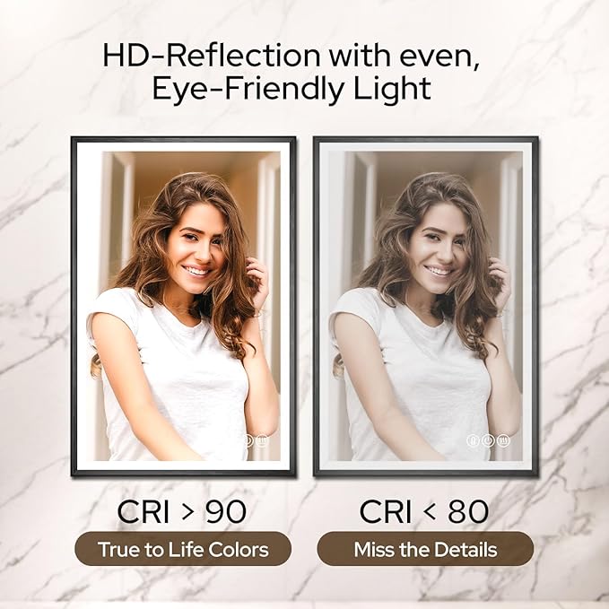 40 x 30 Black LED Bathroom Mirror – Frontlit & Backlit Vanity Mirror with Anti-Fog & Shatter Proof Features, Aluminium Frame, Tempered Glass Mirror with 3 Colour Lights - Perfect for Bathrooms