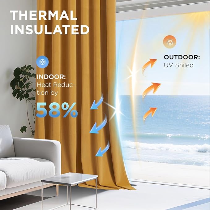 Joydeco Mustard Yellow 100% Blackout Curtains 108 Inch 2 Panels, Luxury Thermal Yellow Velvet Curtains for Bedroom Living Room, Soundproof Blackout Window Drapes, Grommet Top (52W x 108L)