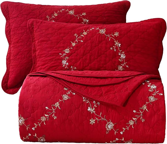 vctops 3-Piece Christmas Red Floral Embroidered Bedspread Coverlet Set 100% Cotton Reversible Patchwork 1 Quilt and 2 Pillow Shams Full/Queen, Red