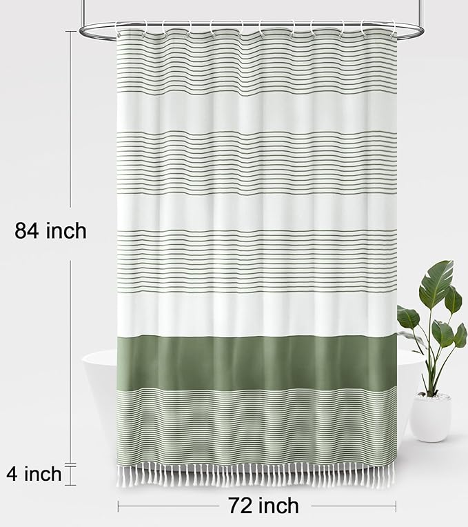 Awellife Sage Green Shower Curtain for Bathroom Stripe Tassel Shower Curtain 72 X 84 Inches Farmhouse Cotton Extra Long