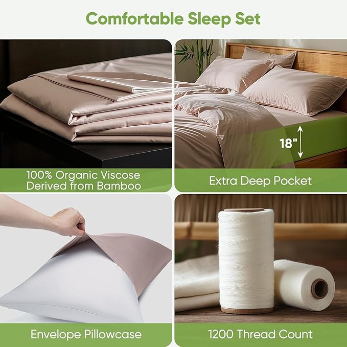TWK Luxury Sheet Set, Genuine 100% Viscose Derived from Bamboo, Cooling & Breathable, Silky Soft, Bedding Sheets & Pillowcases (Sand, King)
