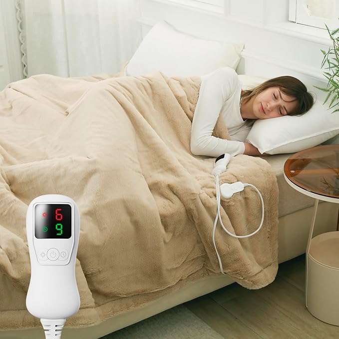 Electric Heated Blanket Throw Size, Faux Fur Throw Blanket, Super Soft Cozy Heating Blanket with 9 Heating Levels & 1-9 Hours Auto Off, Fast Heat & Overheat Protection, 50" x 60", Beige