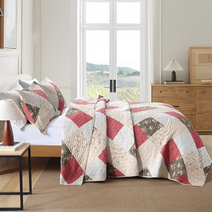 ENASAL Cotton Bedspread Quilt Bedding Sets Reversible Coverlet Sets Comforters Rose Floral Purple White Patchwork Pattern Bedspread for All Season, King Size