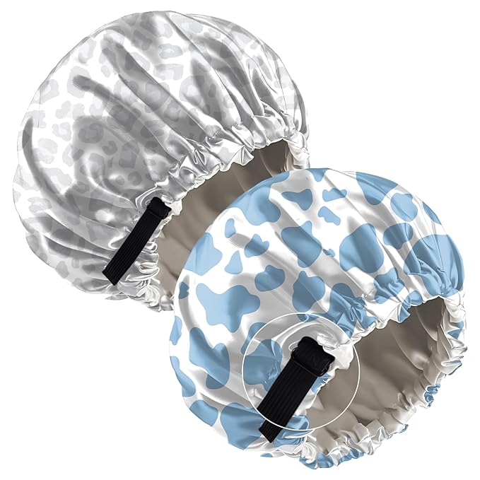 2 PCS Bonnets for Women Girls Satin Hair Bonnet Silk Adjustable Elastic Double Layer Hair Wrap Sleep Cap Comfort Cute-Cow Leopard