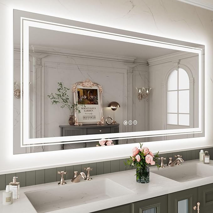 WTTY 60"x36" LED Bathroom Mirror with Lights, Backlit and Front Lighted Bathroom Vanity Mirrors Wall Mounted, Double LED Vanity Wall Mirror for Bathroom with Anti-Fog, Dimmable, Memory, Shatter-Proof