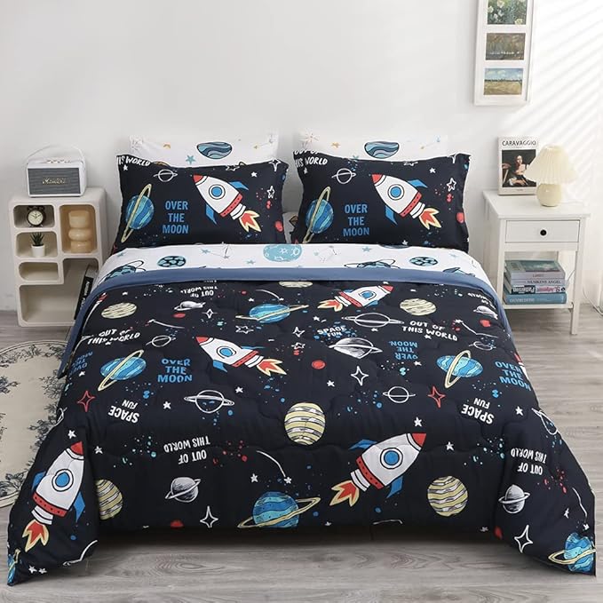 Wajade Kids Space Comforter Set Bed in A Bag Full Size 7 Piece 3D Space Rocket Planets Bedding Set for Teens Boys Girls (1 Comforter, 1 Flat Sheet, 1 Fitted Sheet, 2 Pillowcase and 2 Pillow Sham)