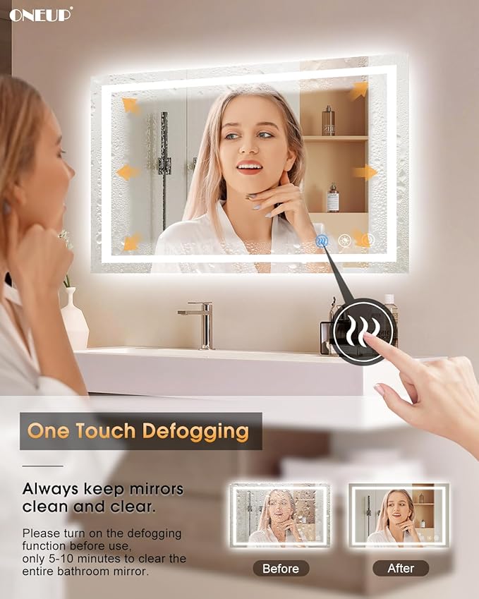 oneup 40''x24'' Bathroom Mirror with Lights,Front Lighted Bathroom Mirrors for Wall,Anti-Fog Smart Vanity Mirror,Touch Button and Memory Function,Dimmable 3-Color Lights (Horizontal/Vertical)