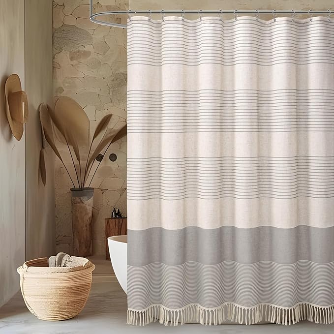 Awellife Farmhouse Shower Curtains for Bathroom,Grey Flax Texture Striped Shower Curtain with Tassels Boho Rustic Neutral 72x72