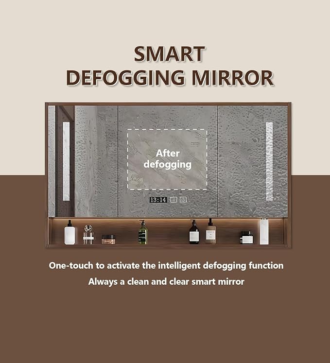 Bathroom Sink Vanity 68Inch, Floating Bathroom Vanity with LED Smart Defogging Mirror Cabinet and Open Shelf, Multi-Layer Solid Wood Bathroom Furniture Cabinet, Wall Mount Installation (Walnut)