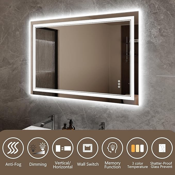 Bathroom Mirror with Lights 32"X48" with Front Light and Backlit, Tempered Glass, Wall Mount Horizontal/Vertical, Stepless Dimmable, 3 Colors, Anti Fog, Bathroom Memory LED Mirror