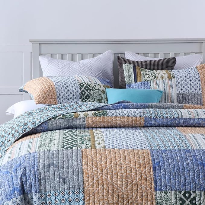 Autumn Dream Cotton Bedspread Quilt Sets Reversible Bedding Coverlet Sets Comforter, Bohemian Paisley Patchwork Blue Bedspread, King Size