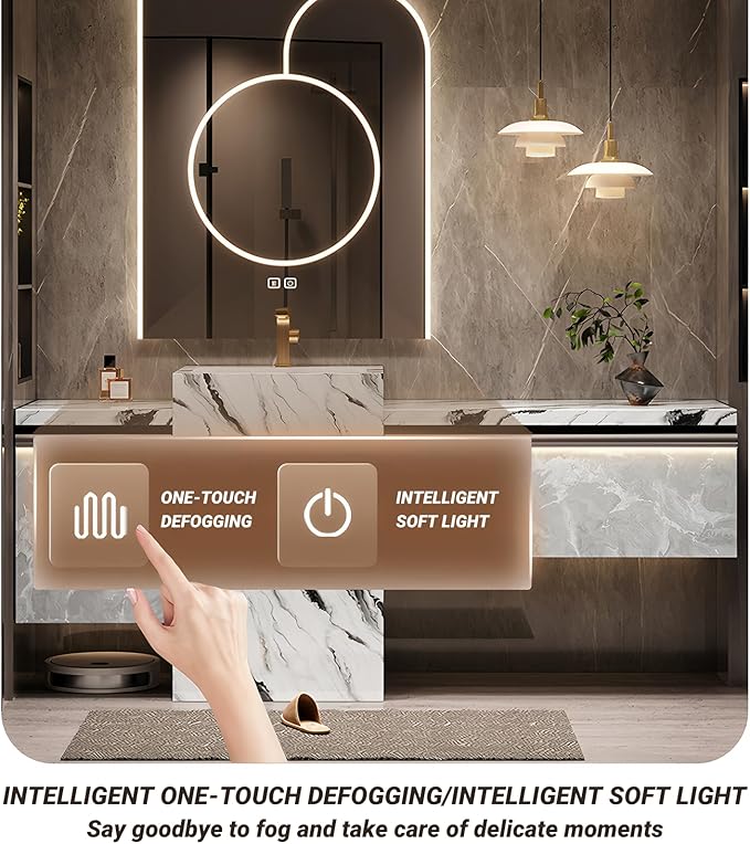 Single Sink Freestanding Bath Vanity, Modern Bath Vanity with LED Smart Mirror, 80IN Solid Wood Floating Bathroom Sink Cabinet with Marble Slate Top and Large Storage Drawer