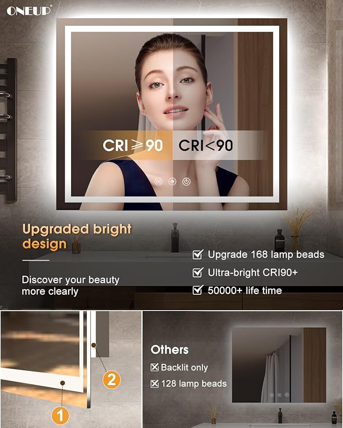 oneup 48''x40'' Bathroom Mirror with Lights,Front Lighted Bathroom Mirrors for Wall,Anti-Fog Smart Vanity Mirror,Touch Button and Memory Function,Dimmable 3-Color Lights
