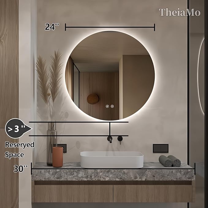 Round LED Mirror for Bathroom, 24" Circle Frameless Backlit Mirror with Lights, Wall Mounted Vanity Mirror, 3 Colors, Dimmable, Anti-Fog, IP65 Waterproof, Memory Function, UL Listed