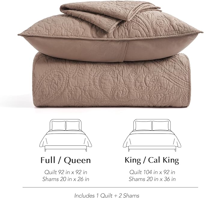 EVERGRACE 100% Cotton Paisley Quilt Set, King Size 3 Piece Set – Prewashed Lightweight Bedspread with 2 Shams, Soft & Breathable Matelasse Coverlet for All-Season Comfort, Dusty Brick