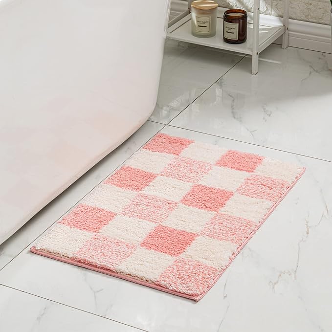CozeCube Bath mats for Bathroom Non Slip, Fluffy Absorbent Microfiber Bath mat Washable, Aesthetic Bathroom Rugs, Large Blossom Pink Checkered Bath mat, Blossom Pink, 36" x 24"