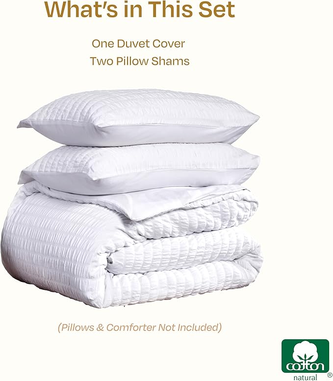 California Design Den Oversized King Duvet Cover Set, 100% Cotton 3 Pc Cover & Sham Set, Soft Textured White Duvet Cover 120" x 98" to Fit Oversized King Size Duvet (Seersucker)