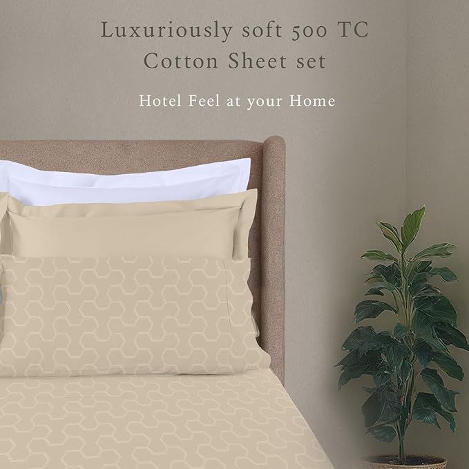 Threadmill Cotton Twin Sheet Set | 500TC 100% Cotton Twin Bed Sheets - Damask Jacquard Sateen, Soft Breathable 3-Piece Cooling Set - Beige