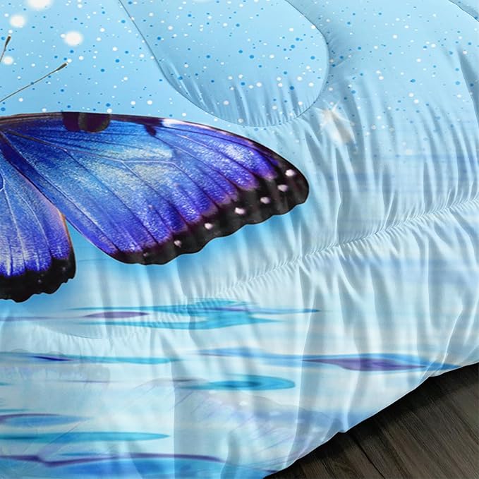 Fantasy Blue Themed Aesthetic Bedding King Comforter Set,Butterflies on Water with Falling Flowers Comforter Sets for Kids Girls Boys,Pretty Butterfly Pattern Bedding Sets with 2 Pillowcases.
