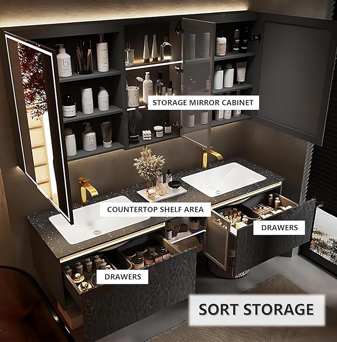 84" Double Bathroom Sink Vanity, Modern Bathroom Vanity Includes LED Smart Defogging Mirror Cabinet & Semi-Open Storage & Ceramic Basin, Floating Bathroom Cabinet with Sensor Light (Dark Brown)