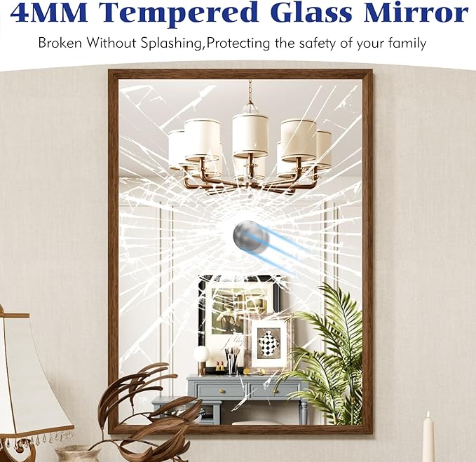 Bathroom Vanity Mirror 24x36 Inch, Walnut Rectangle Bathroom Mirror, Anti-Rust, 4MM Tempered Glass, Wall-Mounted Mirror, Hangs Horizontally or Vertically for Bathroom & Bedroom