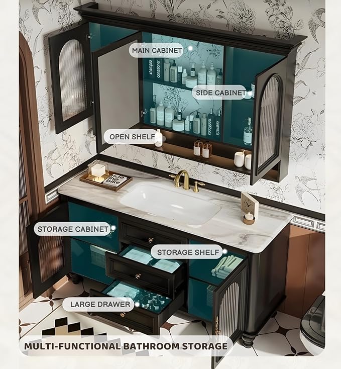 Freestanding Bathroom Vanity with Sink, Solid Wood Bathroom Vanity Set, Vintage Bathroom Vanities with Large Capacity Storage Cabinet and Open Shelf, Elegant Vanities (White,44")