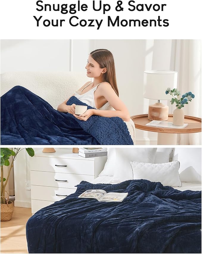 Cottonblue Sherpa Fleece Weighted Blanket 15 lbs for Adults, Warm Flannel Cozy Plush Bed Weighted Throw Blankets,Soft Fuzzy Winter Heavy Blankets Full Twin Size 48 x 72 inches for Sofa, Navy Blue