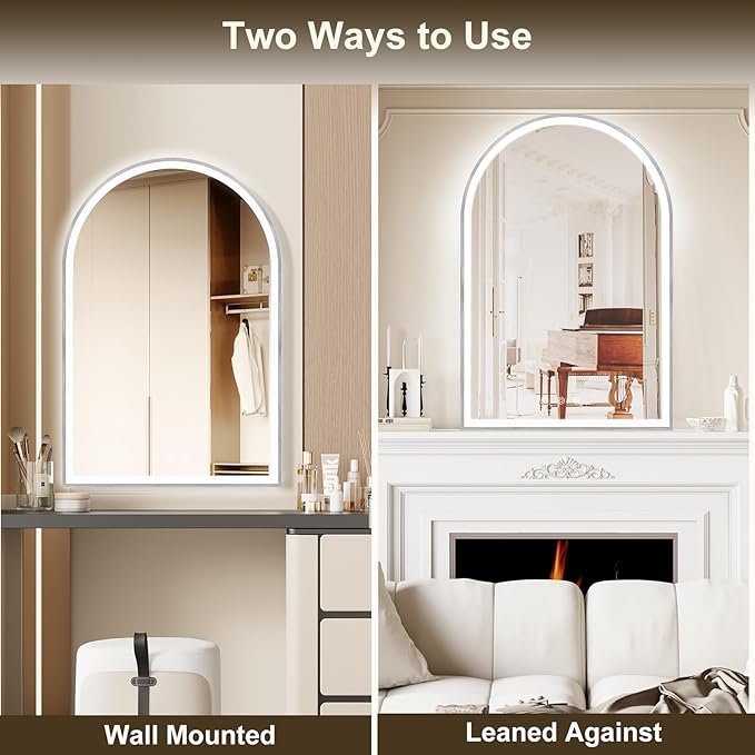 Arched LED Mirror for Bathtoom 24"x36", Brushed Nickel LED Bathroom Mirror with Lights-Fogless, Dimmable, Shatterproof, Touch Sensor, 3 Color Changing