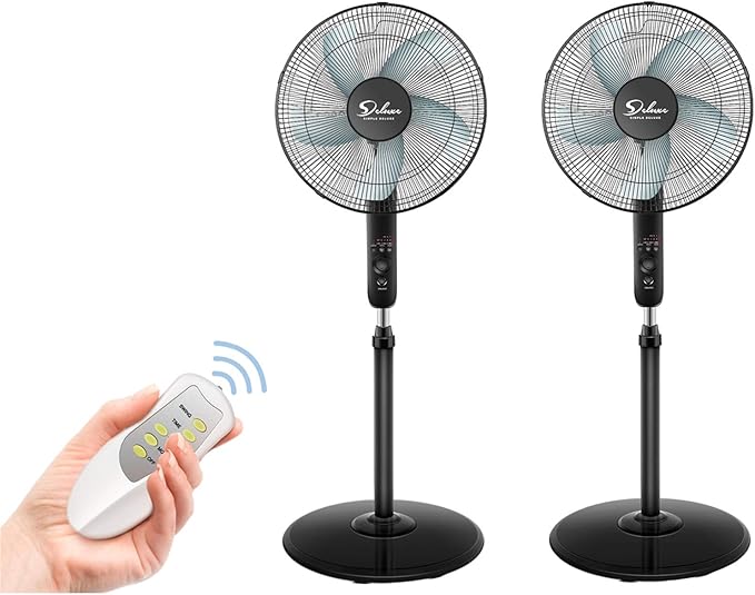 Simple Deluxe Oscillating 16″ Adjustable 3 Speed Pedestal Stand Fan with Remote Control for Indoor, Bedroom, Living Room, Home Office & College Dorm Use, 2 Pack, black