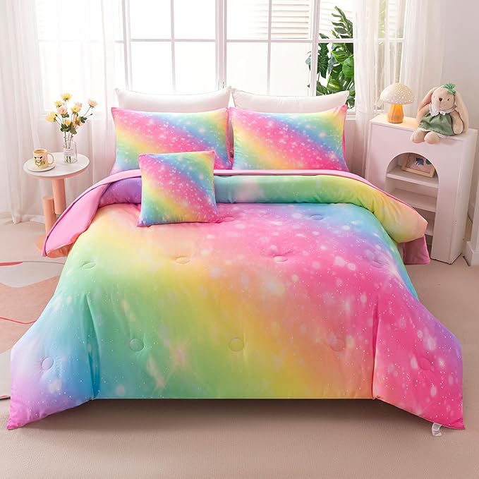 4Pcs Rainbow King Comforter Set for Kids Girls Teens Women Tie Dye Pastel Bedding Set King Size Stars Glitter Soft & Breathable Kids Bed for Gift Bedroom Decor