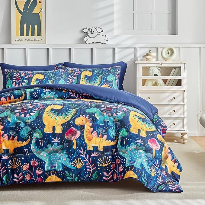 Wajade 7 Piece Dinosaur Comforter Set for Boys 3D Blue Dinosaur Print Bedding Set for Kids Teens Bed in A Bag Full Size (1 Comforter, 1 Flat Sheet, 1 Fitted Sheet, 2 Pillowcase and 2 Pillow Sham)