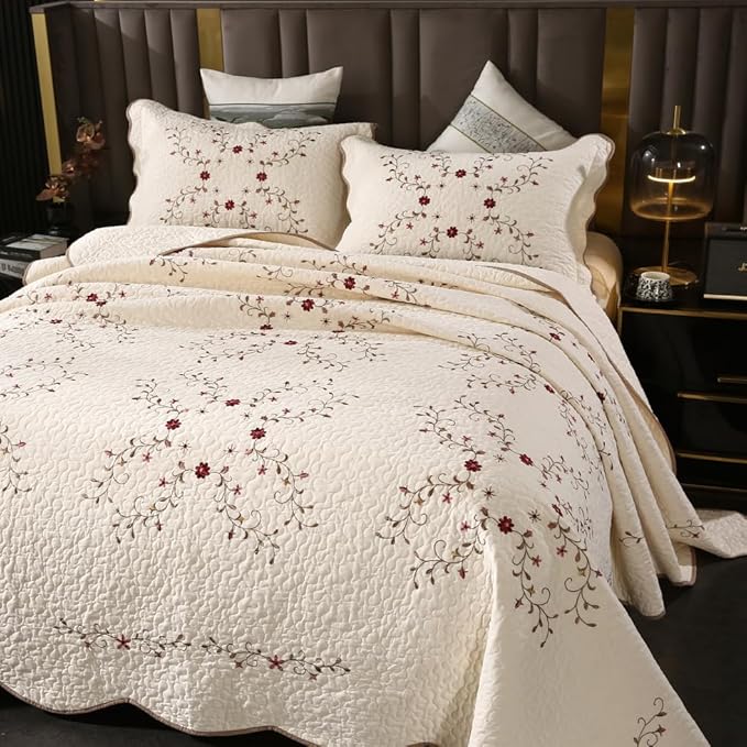 Quilt Set Floral Leaves 3D Embroidery Pattern 2 PCS Cotton Reversible Quilted Embroidered Decorative Bedspreads Coverlet Set, Lightweight &Soft Queen Size Beige Bedding Coverlet for All Season
