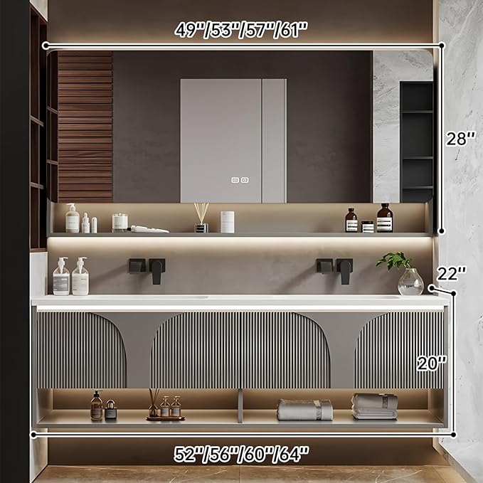 Double Bathroom Vanity with Sink, 60IN Floating Bathroom Vanity Set with Smart Defogging Mirror Cabinet and Open Shelf, Oak Wood Bathroom Cabinet with Two Drawers and Bottom Open Storage (Grey)