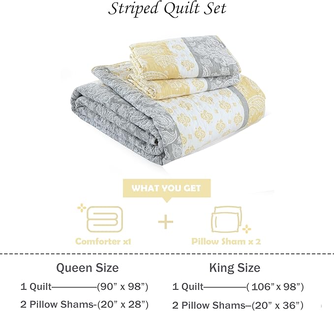 Yellow Quilts Queen Size, Cotton Bed Set, Yellow Grey White Comforter, Striped Bedding Queen Size, Lightweight Luxury Bedspread,3 Piece