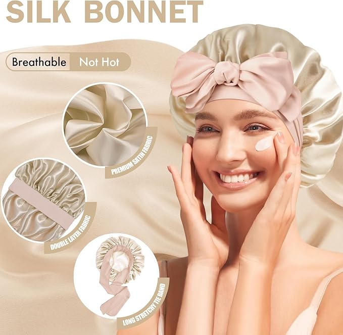 Silk Bonnet for Sleeping Women, Adjustable Soft Satin Lined Bonnet with Tie Band, Double Layer Sleep Night Cap