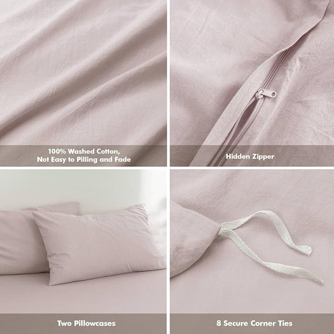 FOSSA Duvet Cover Set 100% Washed Cotton Linen Feel Super Soft Breathable Cozy 3 Pieces Bedding Sets Solid Greyish Pink Twin