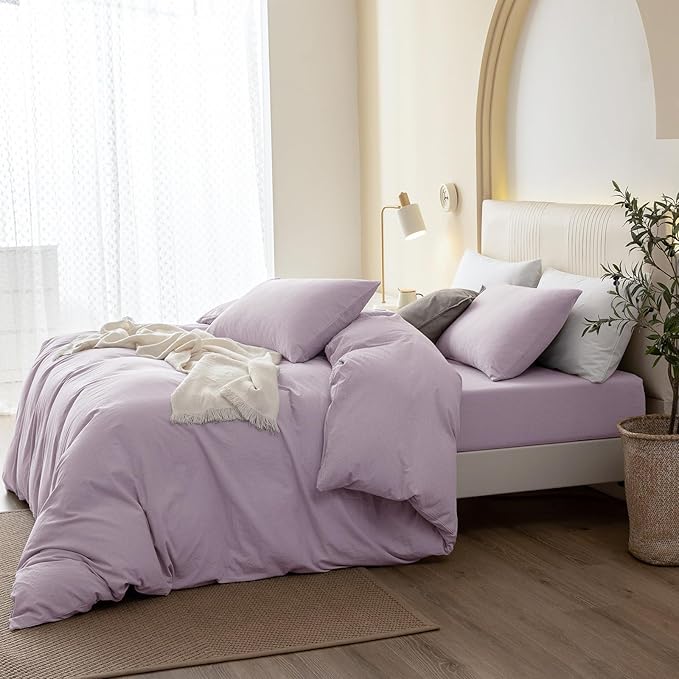 JIYUAN 100% Washed Cotton Duvet Cover Set 3 Pieces Queen, 1 Duvet Cover 90x90 Inches(Comforter Not Included) and 2 Pillowcases,Linen Like Comfy and Breathable,Heathered Light Purple
