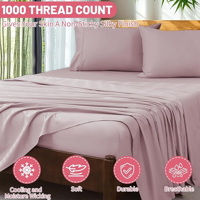 Extra Deep Pocket California King Sheets 18-24 Inch 1000 Thread Count 100% Egyptian Cotton Sateen Weave Soft Breathable 4 Pieces（California King,Light Pink）