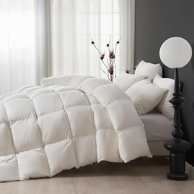 DWR Superior Luxury Feather Down Comforter California King Size, Ultra-Soft Rose-Silk Cotton-Blend Fabric, High FP All Season Medium Warmth Bed Duvet Insert(104"x96", White)