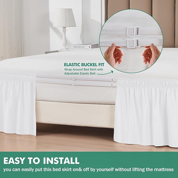 Biscaynebay Wrap Around Bed Skirts with Split Corners for King Beds 12" Drop, White Adjustable Elastic Dust Ruffles Easy Fit Wrinkle & Fade Resistant Silky Luxurious Fabric Machine Washable