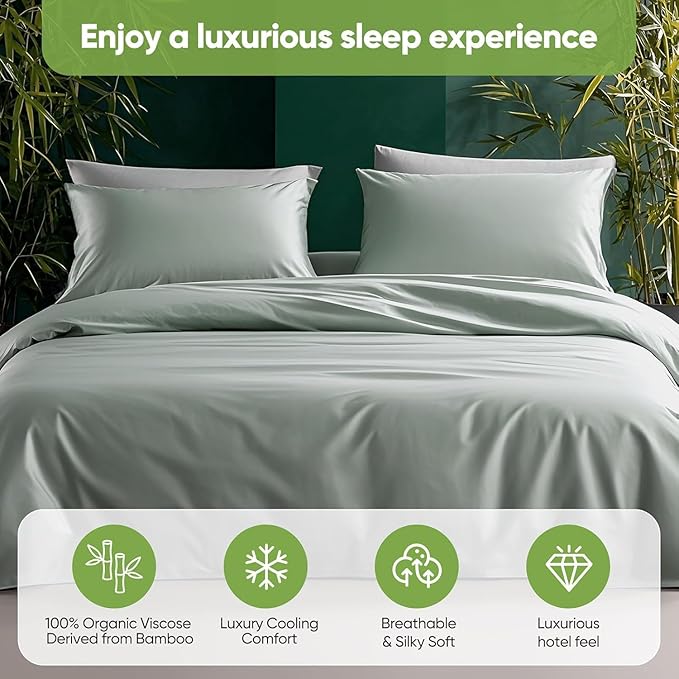 TWK Luxury Sheet Set, Genuine 100% Viscose Derived from Bamboo, Cooling & Breathable, Silky Soft, Bedding Sheets & Pillowcases (Sea Glass, King)