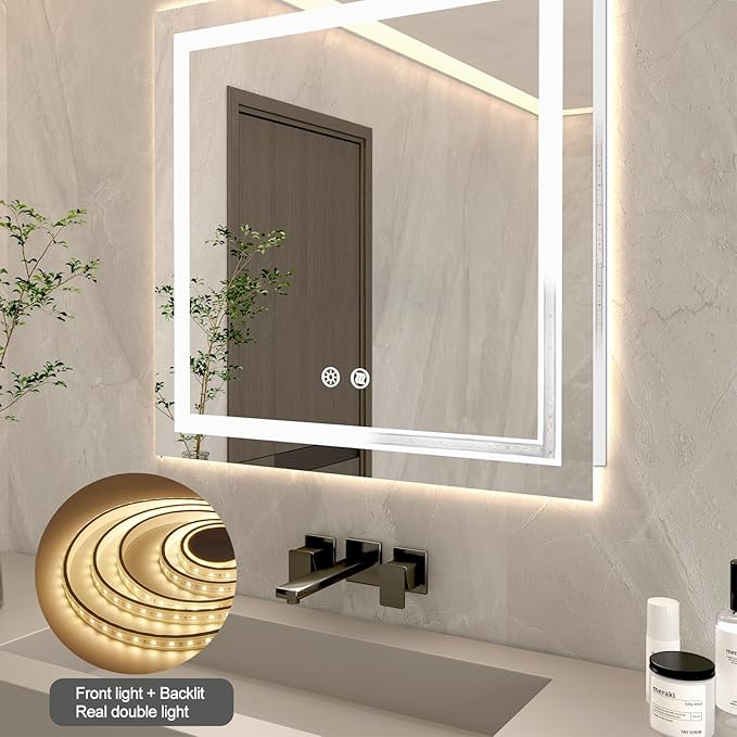 28 X 28 Inch Square LED Bathroom Vanity Mirror, 3 Colors Light Dimmable, Wall Mounted Memory Lighted Makeup Mirror with Anti-Fog Touch Switch (Front-lit&Backlit)