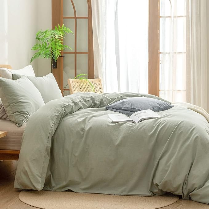 BESTOUCH Duvet Cover Set 100% Washed Cotton Linen Feel Super Soft Comfortable Chic Lightweight 3 PCs Home Bedding Set Solid Sage Green Oversized Queen
