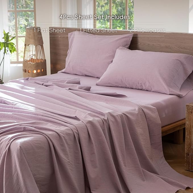 MooMee Bedding Sheet Set 100% Washed Cotton Linen Like Textured Breathable Durable Soft Comfy (Heathered Light Purple, Full)