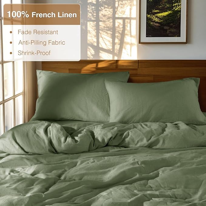 SONORO KATE 100% French Linen Duvet Cover Queen Size, Soft Breathable for Hot Sleepers, Moisture Wicking & Durable Cover Set - Zipper Closure & 4 Corner Ties Duvet Covers 3 Piece (Olive Green,Queen)